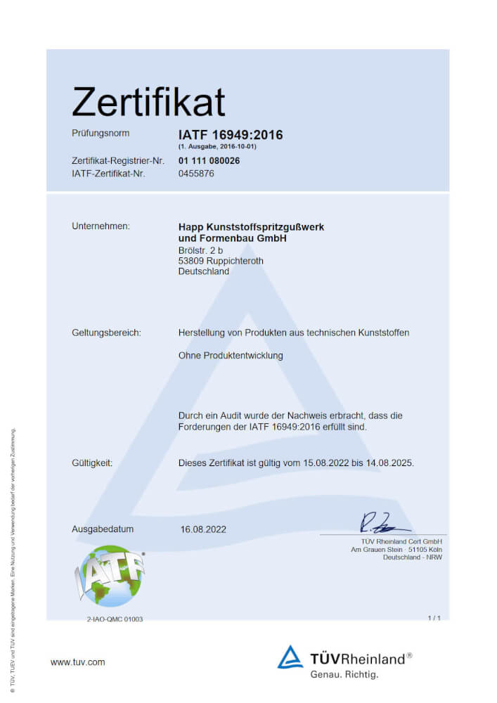 Happ GmbH Zertifikat IATF-16949:2016